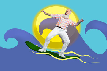 Creative artwork banner of cool retired pensioner man surfing catch big wave isolated realistic paint color background