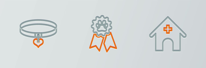 Set line Veterinary medicine hospital, Collar and heart and Pet award symbol icon. Vector