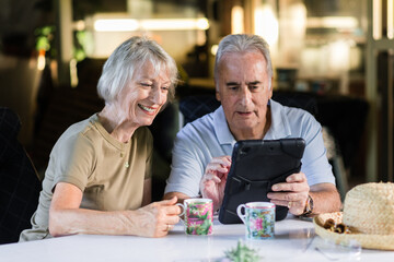 senior couple using ipad at home