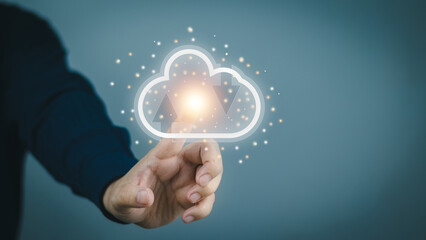 Cloud computing concept A business man holds a cloud storage mockup to demonstrate keeping the data safe..