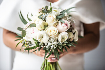 Detail of bride holding white wedding flowers bouquette in her hands