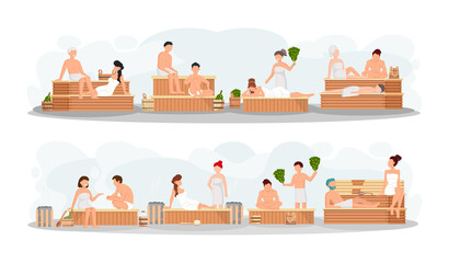 Sauna and steam room. Set of people in sauna. People relax and steam with birch brooms in traditional russian stove for female and male. Finnish bathhouse. Public sauna, Friends in spa resort