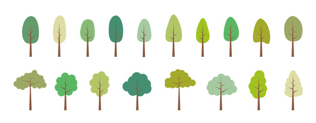 TREES. Vector set of flat summer trees. Collection elements, various green trees. Nature design flat icon of forest. Simple spring, summer illustration. Minimal cute nature icons.