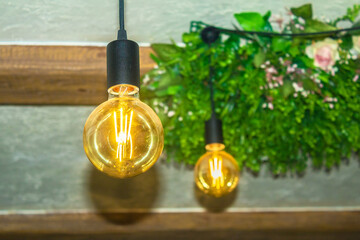 Bright light bulb for decoration. Modern light bulb. Light bulb indoors