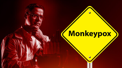 Monkeypox logo next to laboratory assistant. Monkeypox epidemic. Study of simian strains virus....