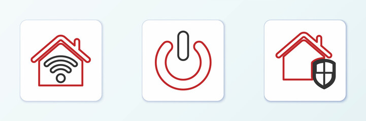 Set line House under protection, Smart home with wi-fi and Power button icon. Vector
