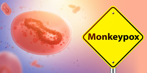 Monkeypox cell. Warning road sign. Infectious disease molecules in blood. Monkeypox cell in patient's body. Infectious disease. Monkeypox pandemic. Symptoms of fever under microscope. 3d rendering.
