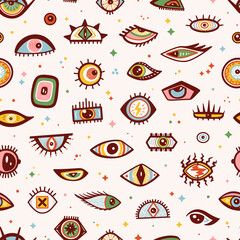 Seamless Pattern with Various Strange Evil and Funny, Comic and Bizarre Eyes. Abstract Doodle Eye Different Shapes in Trendy Psychedelic Weird Cartoon Style. Colorful Background Vector illustration.