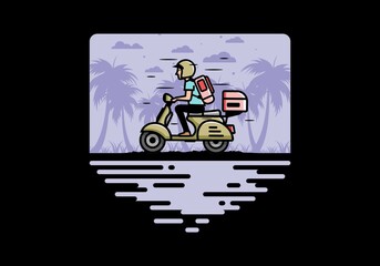 Man goes on vacation riding scooter illustration