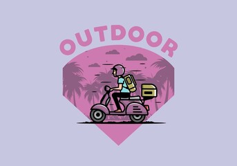Fototapeta na wymiar Man goes on vacation riding scooter illustration