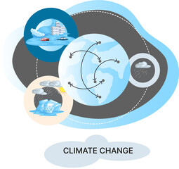 Global warming, climate change metaphor, natural disaster, deforestation, global heating, air pollution. Environmental accident on planet, ecological catastrophy warning icons world problem destroys