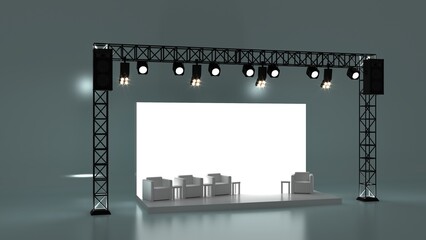 Empty stage design for mockup and corporate identity, display. Platform elements in hall. Blank screen system for graphic Resources. Scene event led night light staging. 3d Background for online.