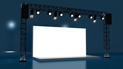 Conference Stage Designs. Meeting event scene, party scene design. Empty stage design for mockup and corporate identity, display. Platform elements in hall. 	