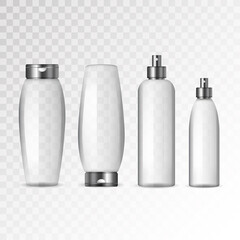 Realistic cosmetic transparent bottles with black caps on white background. Cosmetic cream containers and tubes for cream, lotion, shampoo, gel, balsam, conditioner, spray. 3d Vector Illustration