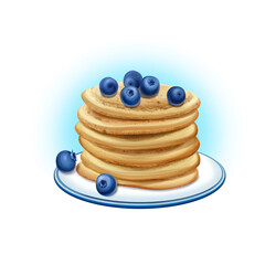 Digital Illustration. Pancakes with blueberries on a plate.