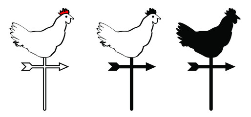 Weathercock or weathervane. Cartoon stick rooster arrow or hen line pattern. Vector cock compass logo, Chicken silhouette with red crest. Roosters weather vane, directions icon or pictogram.  - obrazy, fototapety, plakaty