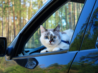 Blue eyes white cat look out of car window. Travel aesthetics