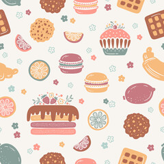 Confectionery Vector Vintage Background. Sweet Food Seamless Pattern. Birthday Chocolate Cake, Cupcake, Croissant, Oatmeal Cookies, Waffles, Macaroon Cookie and Lemon Fruit. Retro Colors.