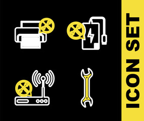 Set line Power bank service, Wrench, Router wi-fi and Printer icon. Vector