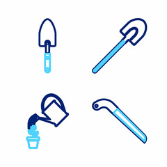 Set line Fertilizer bag, Watering can, Garden shovel and trowel spade or icon. Vector
