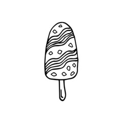 Outline ice cream icon of frozen cream dessert, waffle cone, caramel Eskimo or chocolate icing with nuts, whipped cream and popsicles, fresh vanilla scoops. Hand-drawn cartoon style sweet dessert.
