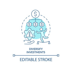 Diversify investments turquoise concept icon. Additional step to risk management abstract idea thin line illustration. Isolated outline drawing. Editable stroke. Arial, Myriad Pro-Bold fonts used
