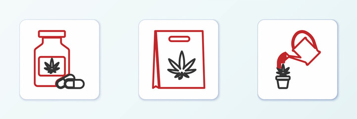 Set line Watering can marijuana, Medical bottle with and Shopping bag of icon. Vector
