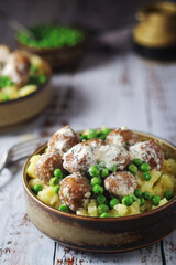 Swedish meatballs with mashed potato side dish - typical dish of Swedish cuisine