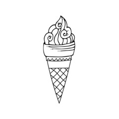 Outline ice cream icon of frozen cream dessert, waffle cone, caramel Eskimo or chocolate icing with nuts, whipped cream and popsicles, fresh vanilla scoops. Hand-drawn cartoon style sweet dessert.