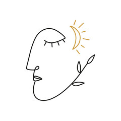 One line drawing girl linear logo or icon art boho sacred magic woman mystical symbol flat holistic healing meditation reiki new age esoteric concept modern abstract silhouette
