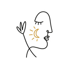 One line drawing girl linear logo or icon art boho sacred magic woman mystical symbol flat holistic healing meditation reiki new age esoteric concept modern abstract silhouette
