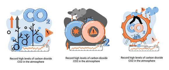 Record high levels carbon dioxide CO2 atmosphere. Industrial emissions affect changes in carbon dioxide concentration. Causes of climate change on planet. Problems of environment and ecology metaphor