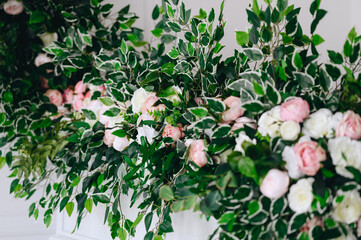 Horizontal photo of flowers among green leaves. Screensaver photo