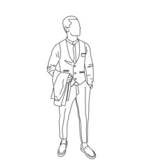 person in a suit. Minimalistic illustration of a stylish man in a suit. Linear sketch of a male model for a magazine, postcard, logo.