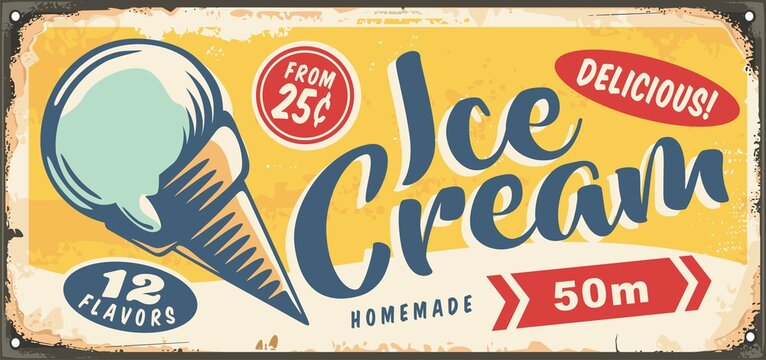 Summer ice cream stand sign post design with scoop in a cone graphic on yellow background. Desserts food retro image. Vector ice cream illustration.