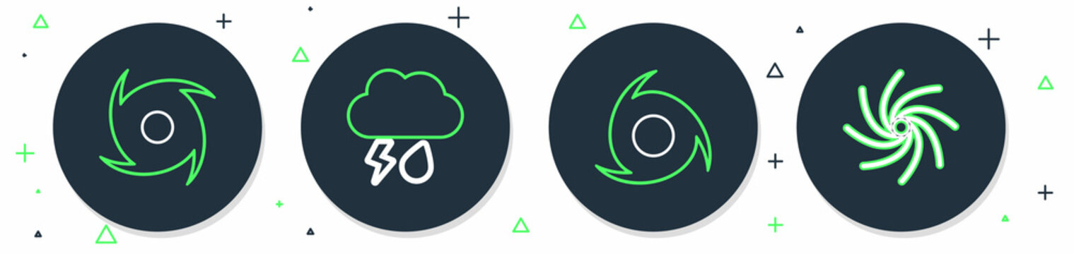 Set line Cloud with rain and lightning, Tornado, and icon. Vector
