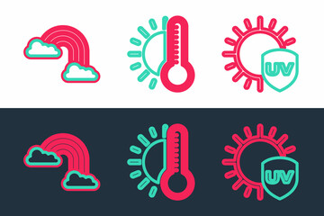 Set line UV protection, Rainbow with clouds and Thermometer sun icon. Vector