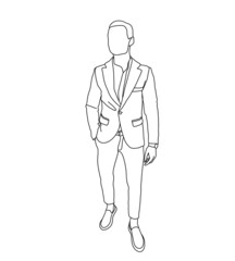 man in suit. Minimalistic illustration of a stylish man in a suit. Linear sketch of a male model for a magazine, postcard, logo.
