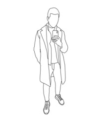 businessman with a stethoscope. Minimalistic illustration of a stylish man in a suit. Linear sketch of a male model for a magazine, postcard, logo.