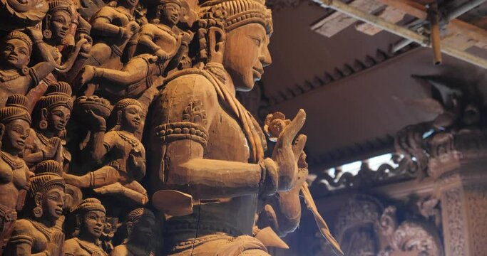 Interior Sanctuary of Truth (Prasat Sut Ja-Tum), beautiful wooden temple by the sea on the outskirts of Pattaya Thailand, Amazing Thailand travel concept.