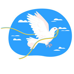 White dove flying in blue sky with ribbon in national colors of Ukrainian flag. Cartoon bird carrying in beak help and support to people of Ukraine flat vector illustration. Pray for Ukraine concept