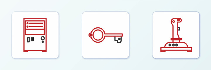 Set line Joystick for arcade machine, Computer and Ancient key game icon. Vector