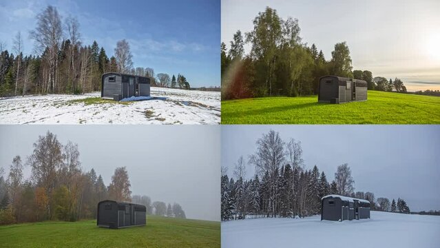 Nature Landscape With Sauna Over Four Seasons. - Time Lapse
