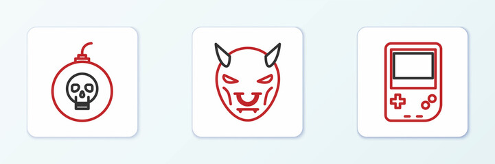 Set line Portable video game console, Bomb ready to explode and Mask of the devil with horns icon. Vector