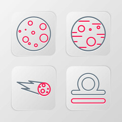 Set line Libra zodiac, Comet falling down fast, Planet Mars and Moon icon. Vector