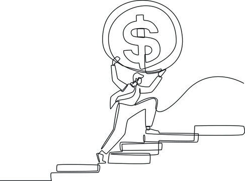 Continuous line drawing of businessman with gold coins on his head walking up stairs  to achieve financial goal. Finance and Investment. Single line draw design vector graphic illustration.