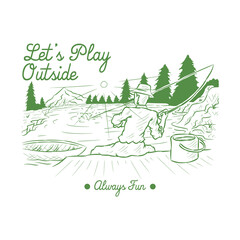 Vintage illustration of men fishing in the lake