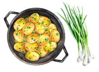 Fried new potatoes with onions in a frying pan