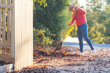 A woman in a bright coloured jumper raking up leaves in a driveway