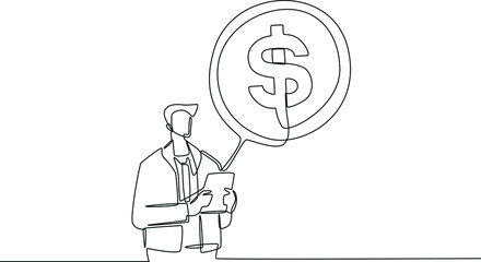 Continuous line drawing of businessman looking at payment records for his office. Finance and Investment. Single line draw design vector graphic illustration.